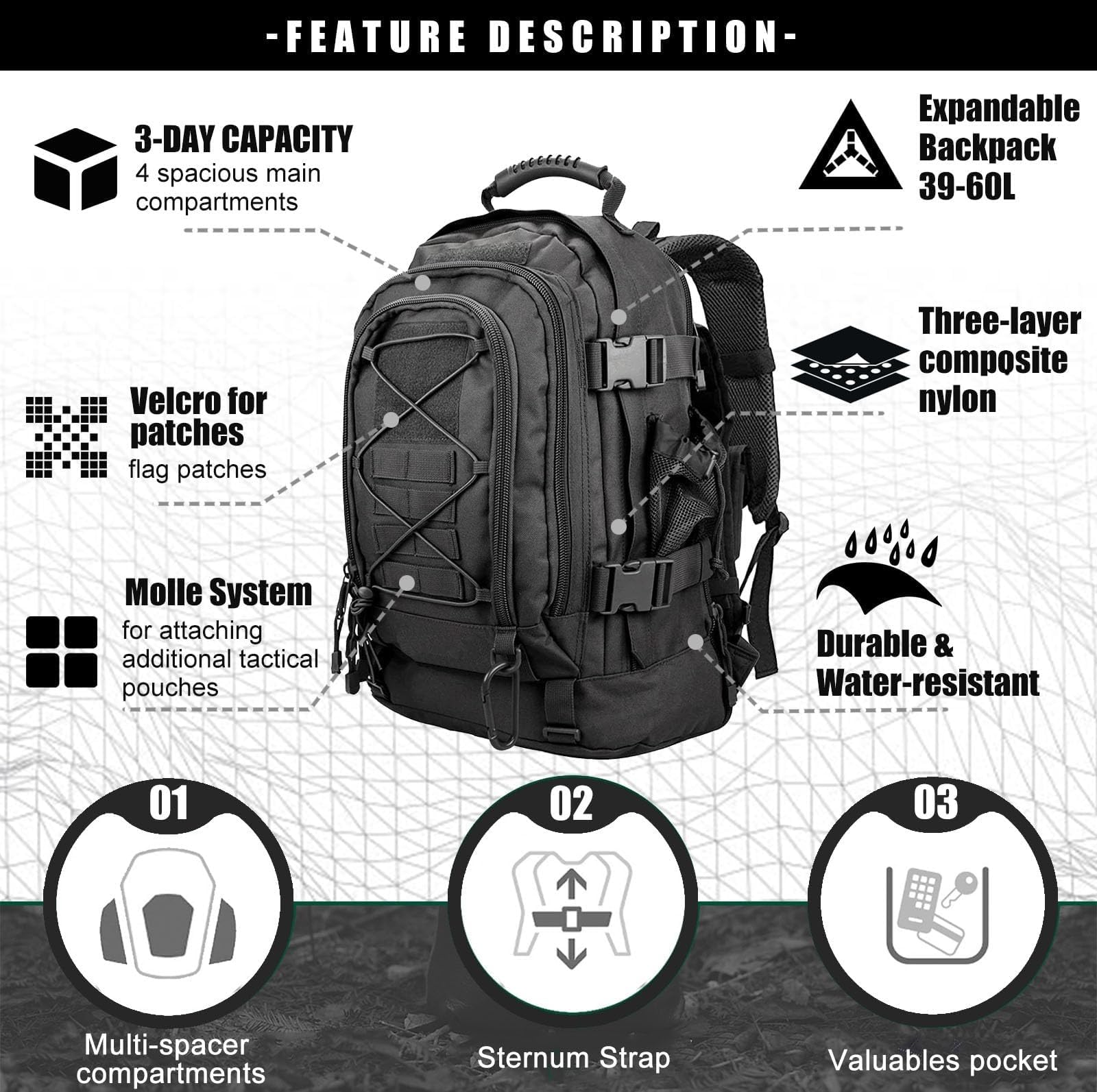 65L Modular Expedition Backpack - Expandable Technical Pack for Wilderness Trekking
